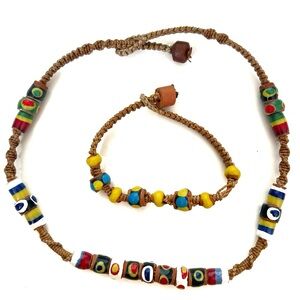 Handmade Woven Knit Beaded Necklace Choker and Bracelet Brown Yellow Blue Green